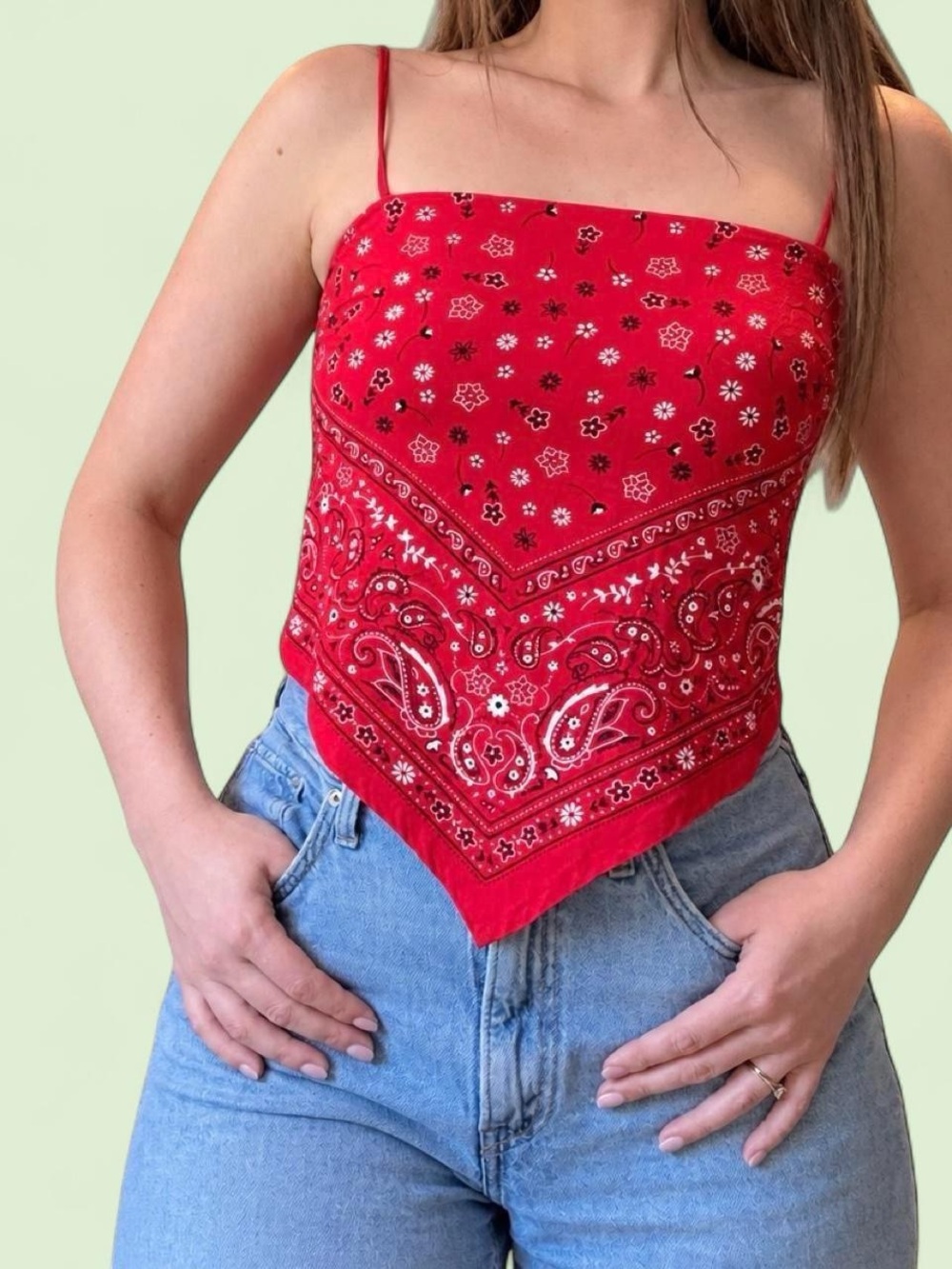 Red Bandana Print Handkerchief Hem Cami Top Paisley Boho Smocked Back